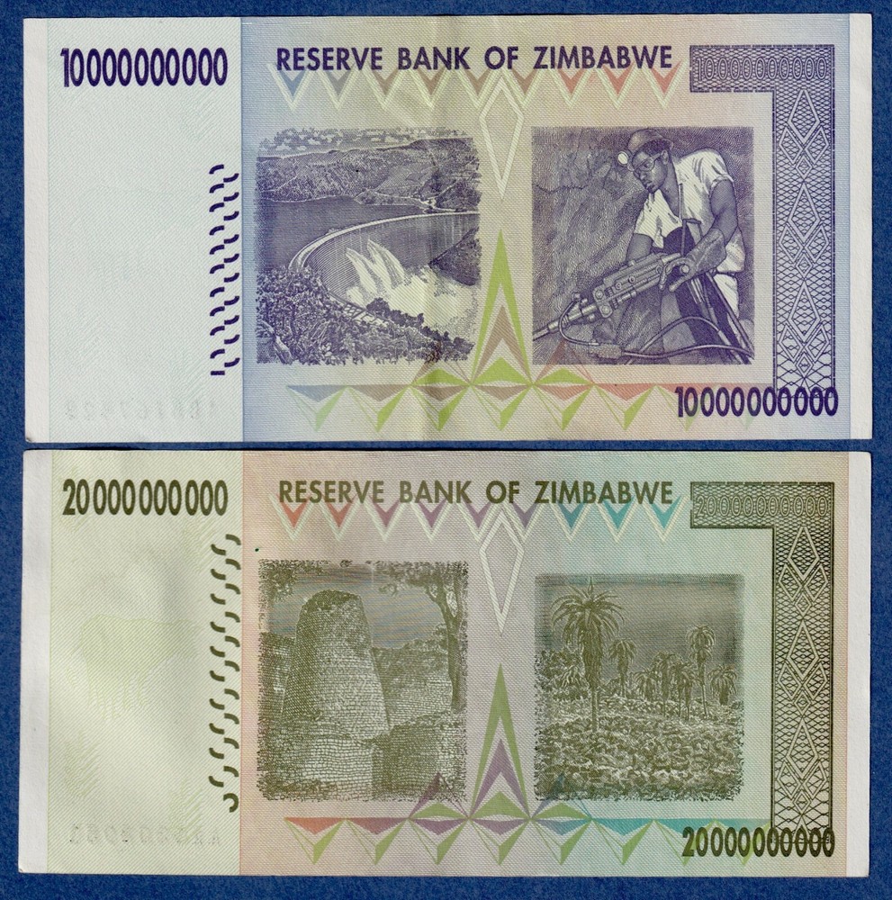 ZIMBABWE BILLION SET- 10 & 20 BILLION DOLLARS, 2008, VF-EF BANK NOTES