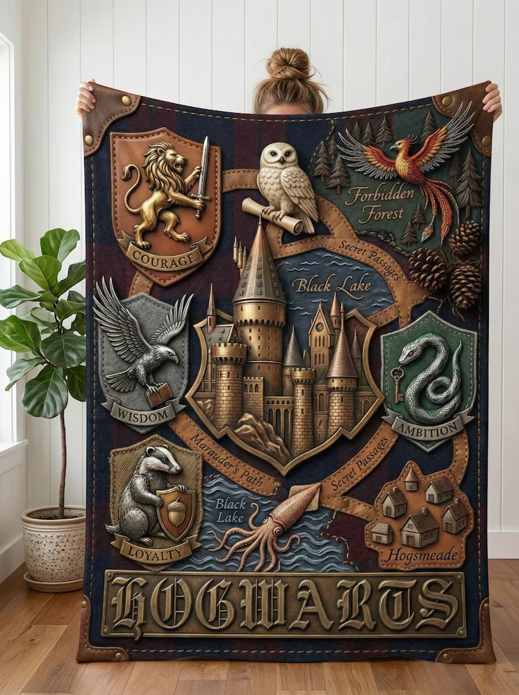 Fantasy School Crest Blanket Wizard Magic Dorm Decor Gift Throw