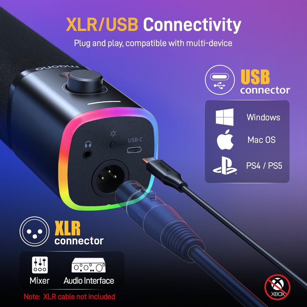 XLR/USB Gaming Microphone for PC, Dynamic Computer Mic for Streaming Podcasti...