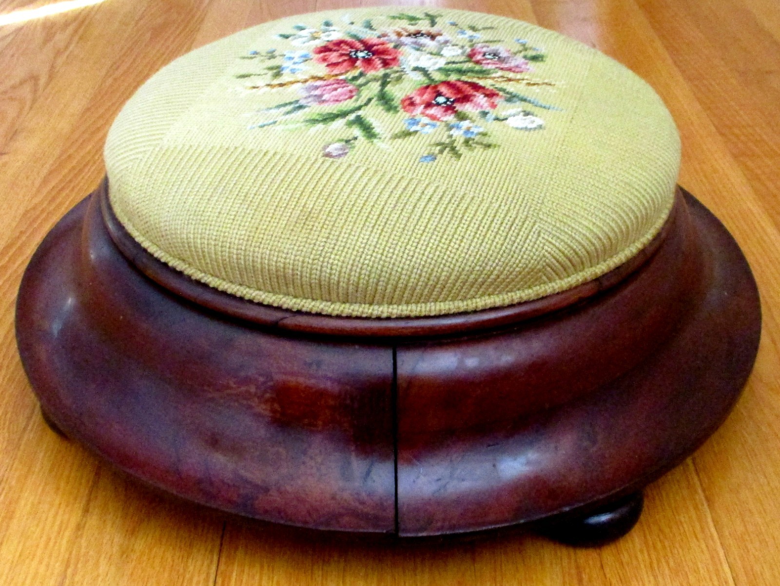 Antique Victorian Empire Pink Needlepoint Round Footstool Ottoman Mahogany