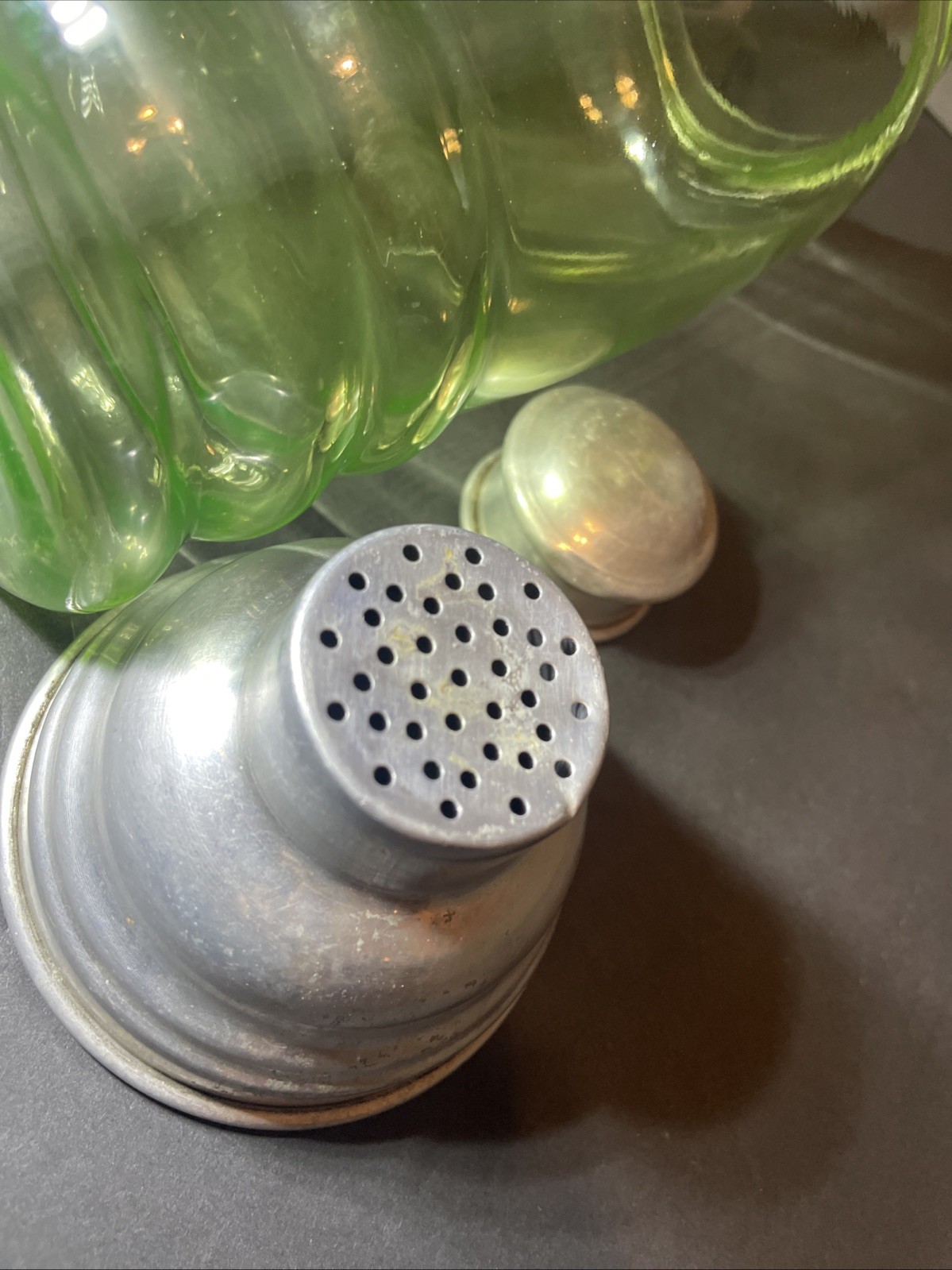 Vintage Green Uranium Glass Martini/Cocktail Shaker With Lids 11 Inches