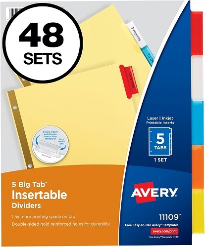 Avery 5-Tab Binder Dividers, Insertable Multicolor Big Tabs, 1 Set (11109)