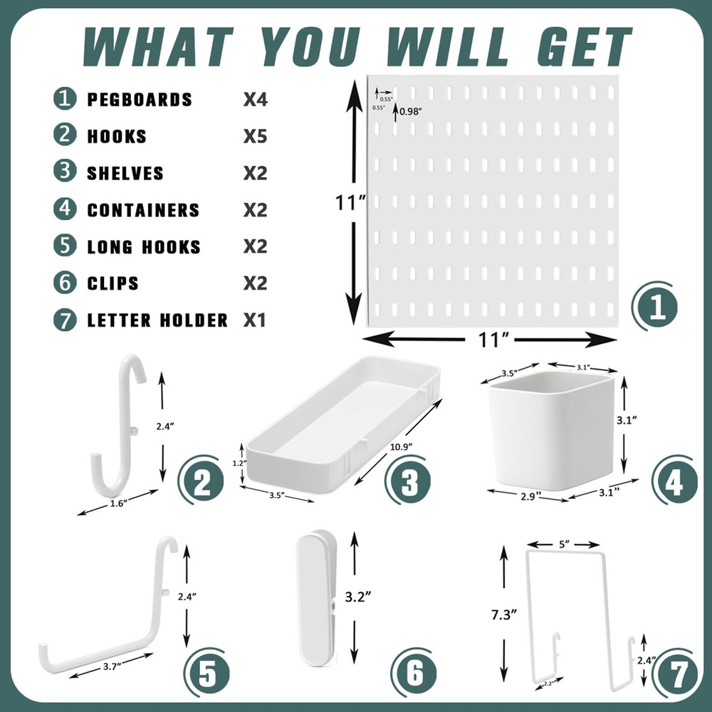 White Pegboard Combination Kit Wall Mount Storage 4 Panel 14 Accessory 22x22