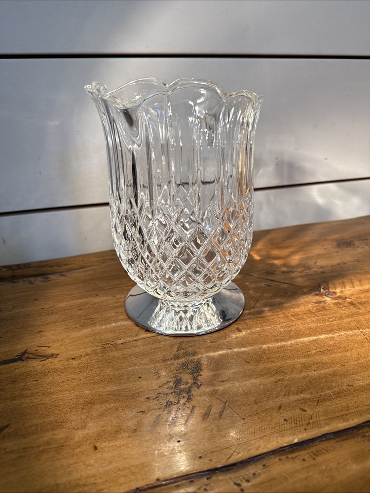 Vintage Diamond Cut Pattern Crystal Pitcher with Silverplate Base