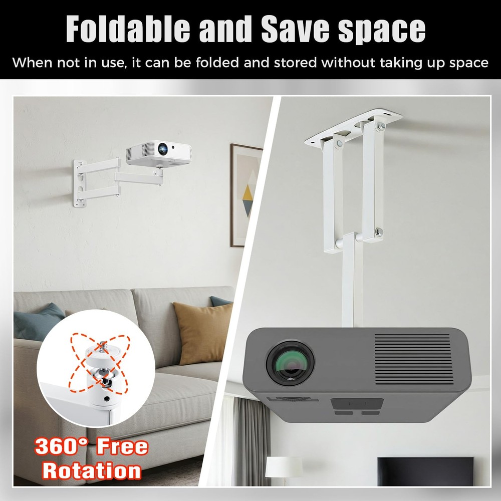 White Foldable Ceiling Projector Wall Mount 360 Rotation Adjustable Bracket