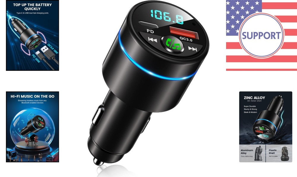 Bluetooth 5.3 Car Adapter with Fast Charging & Noise-Cancelling Features - Black