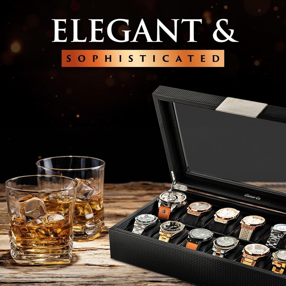 Black Rectangular Watch Case for 12 Timepieces, Luxurious Design and Finish