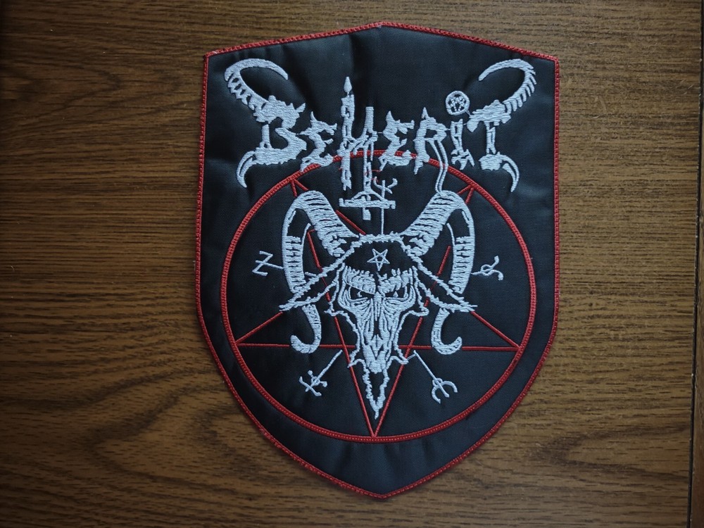 BEHERIT + LOGO,SEW ON WHITE AND RED EMBROIDERED LARGE BACK PATCH