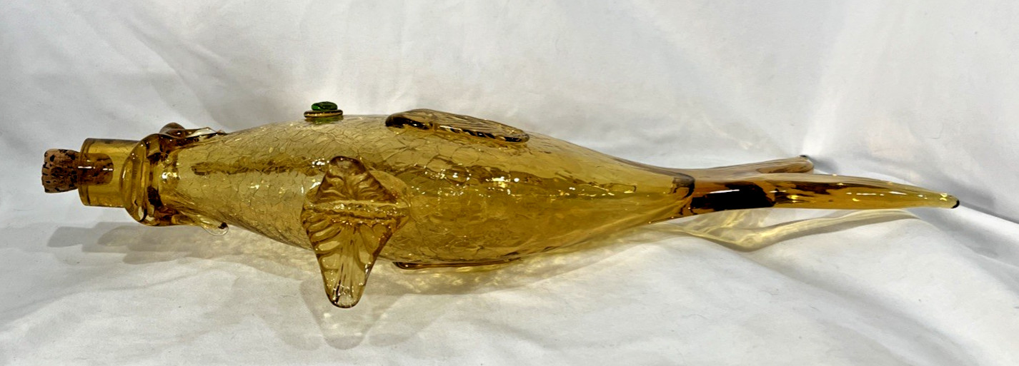 Vintage Amber Green Murano Crackle Glass Fish Decanter