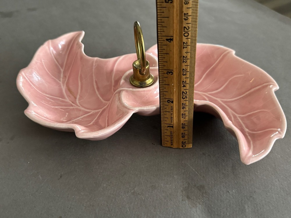 PINK DOUBLE SIDED LEAF MCM CANDY NUT BONBON DISH TRAY WITH FINGER LOOP HANDLE