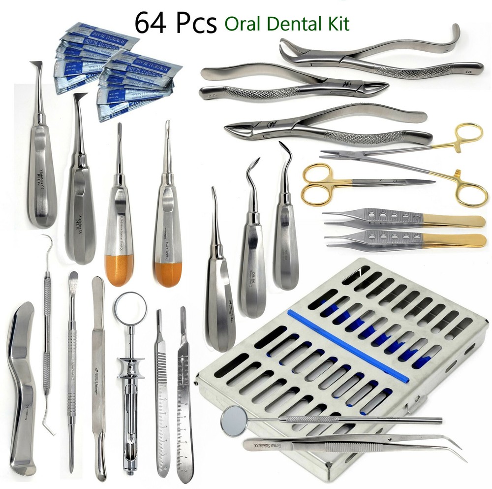 German 64 PC Oral Dental Surgery Extracting Elevators Forceps Instrument Kit Set