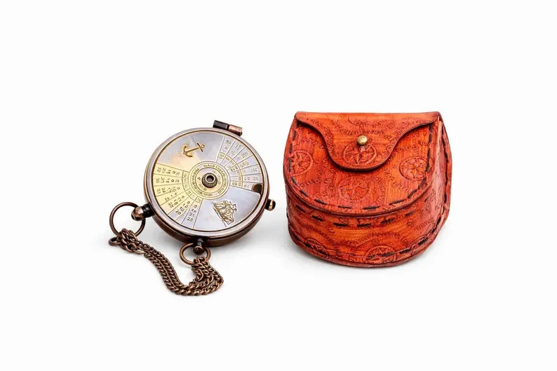Brass Calendar Compass with Leather Case | Nautical Gift