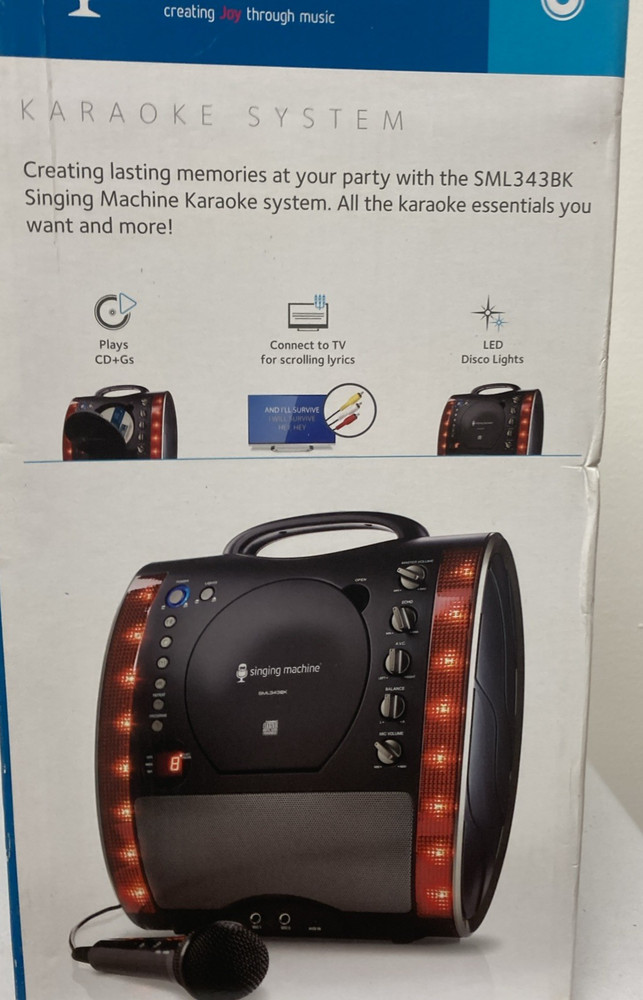 Singing Machine SML343BK Karaoke Machine CD+ Gs Wired Microphone/ New.