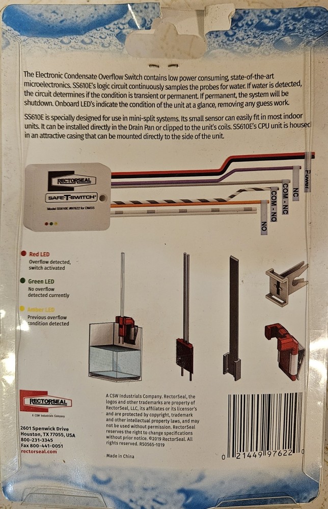 Rectorseal electronic overflow float switch min split systems