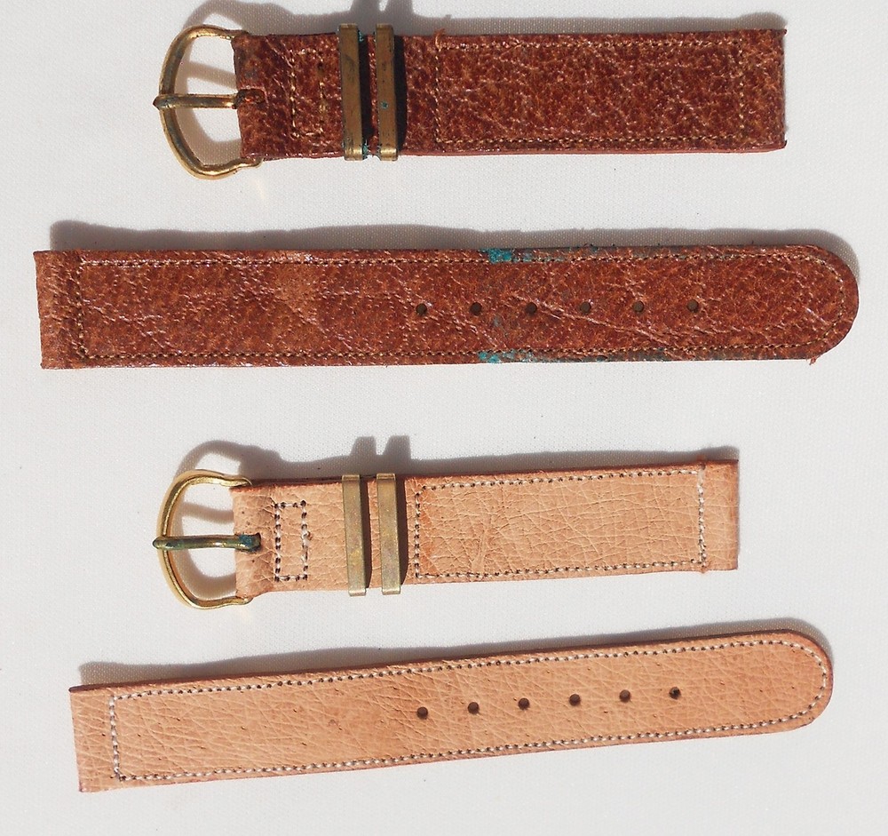 TWO MINT ORIG WW2 1944-DATED GI-ISSUE LEATHER WATCH BANDS, TAN GOATSKIN, BROWN