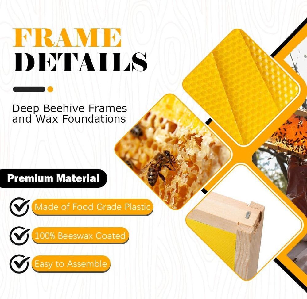 Deep Brood Beehive Frames with Wax Foundation,10 Pack Honey Bee Frames with 1...
