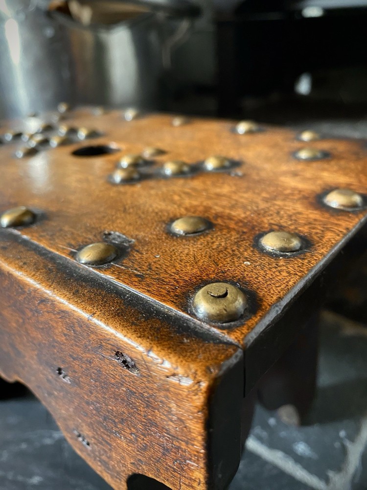 Unusual Antique 19th C. Solid Mahogany Stool With Brass Studs & Initials ‘R.V’