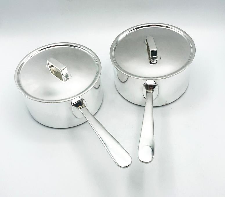 ASPREY LONDON RARE PAIR SAUCEPANS EDWARDIAN SILVER PLATED