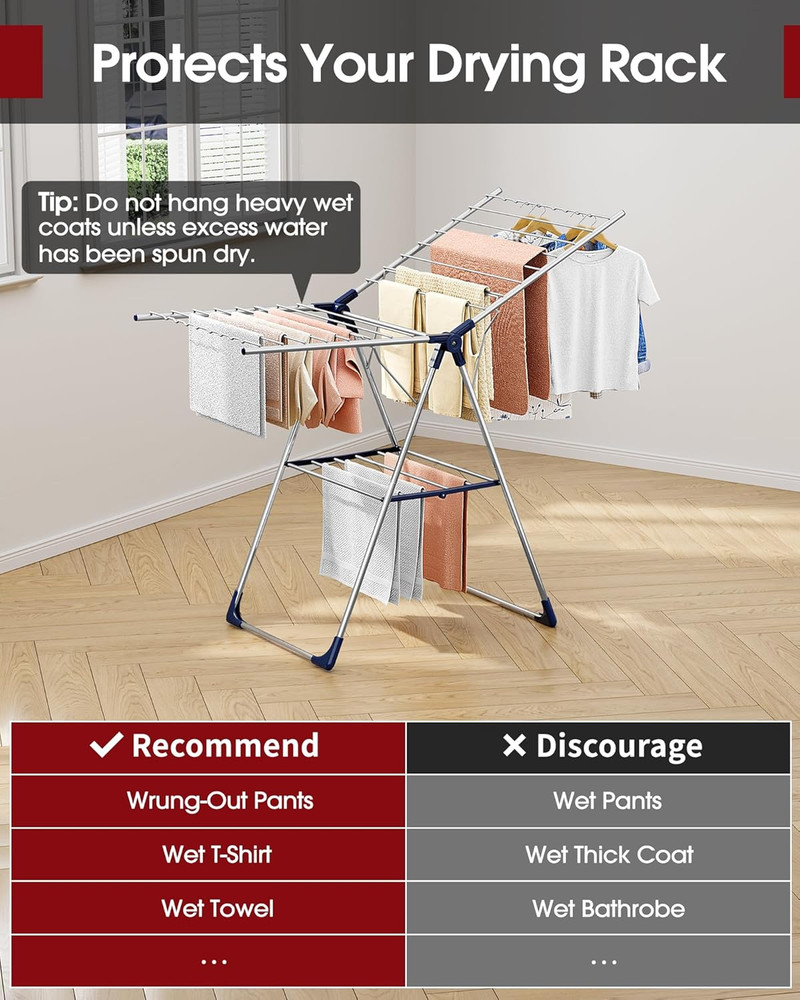 Clothes Drying Rack with Height-Adjustable Wings, Metal Foldable Laundry Dryer S