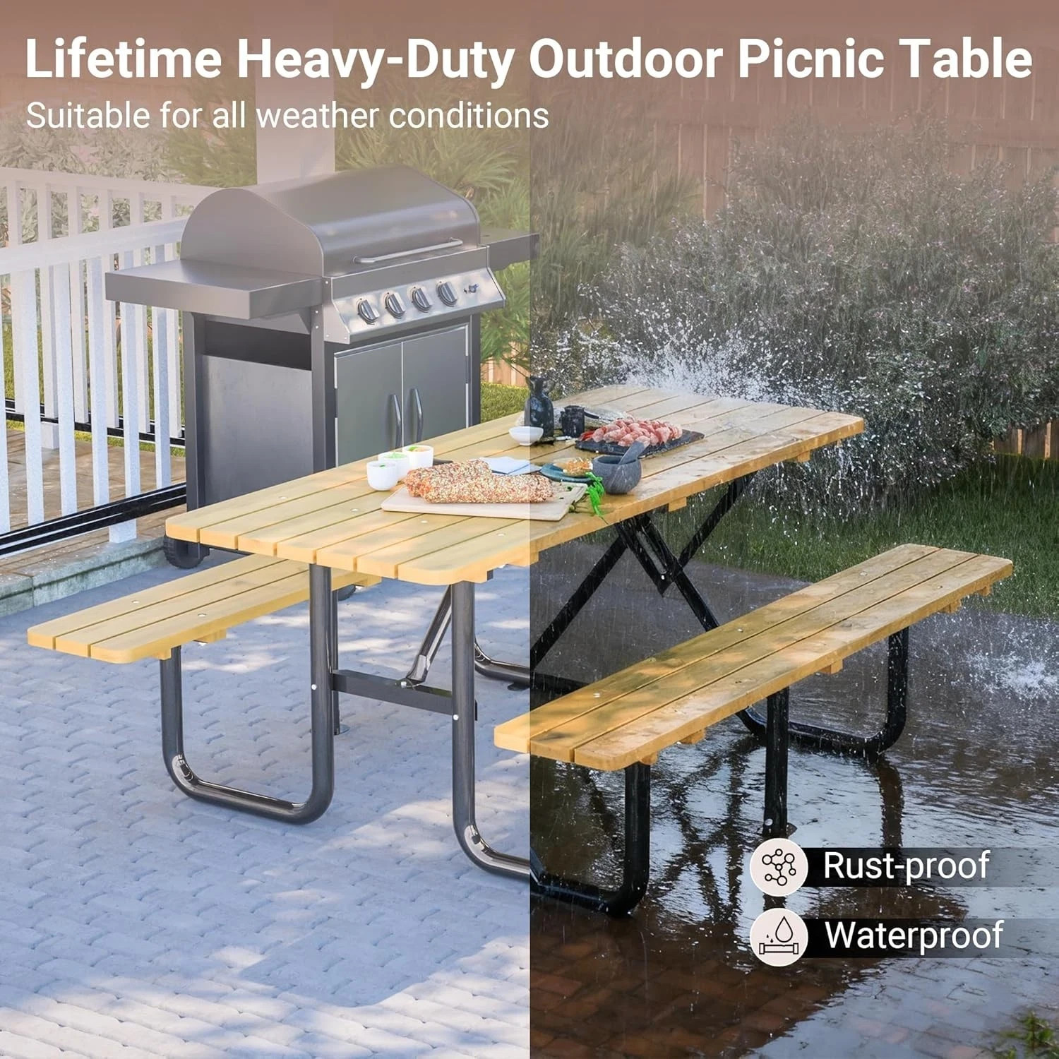 Picnic Table With Bench Outdoor Wooden Table and Chair Set for 6 People