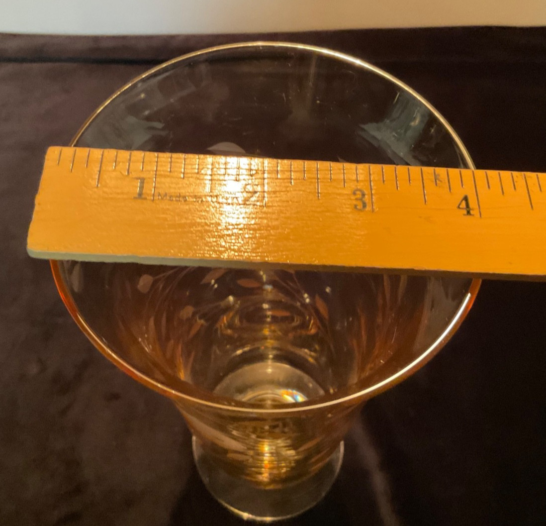 Vintage Amber Etched Art Glass Footed Vase. Vines and Flowers. 10”