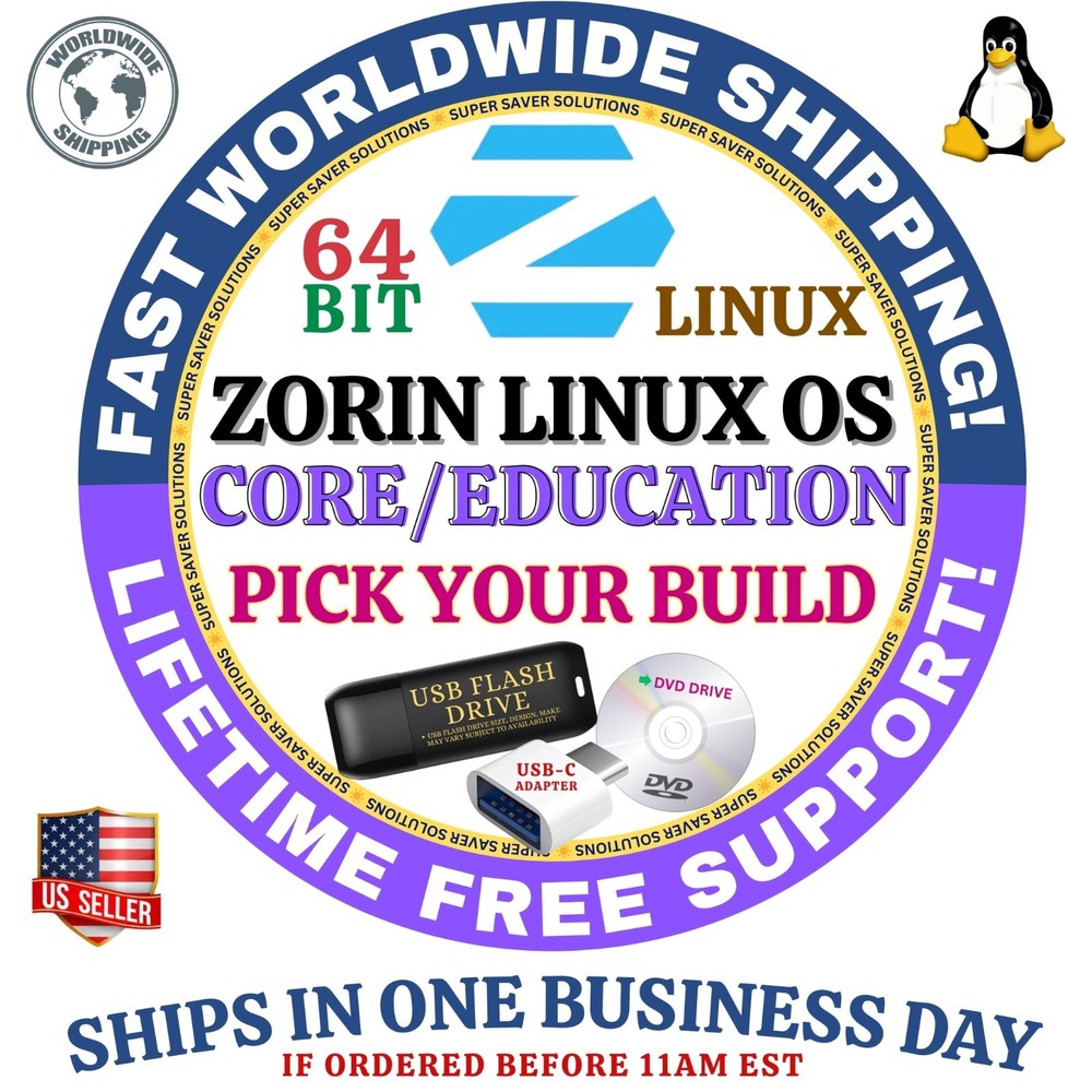 ZORIN LINUX OS 18, 17 CORE & EDUCATION | LINUX 64-BIT | USB, DVD COMBOS