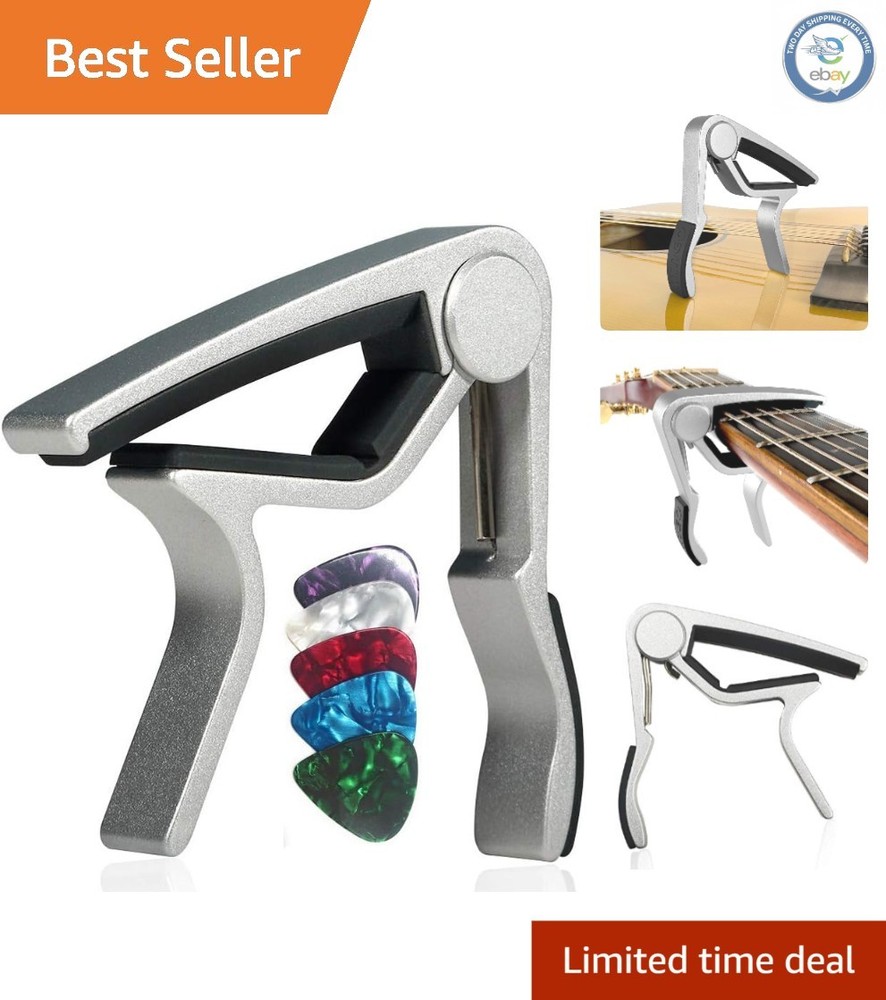 Quick-Change Silver Guitar Capo for 6-String Instruments, Includes 5 Free Picks