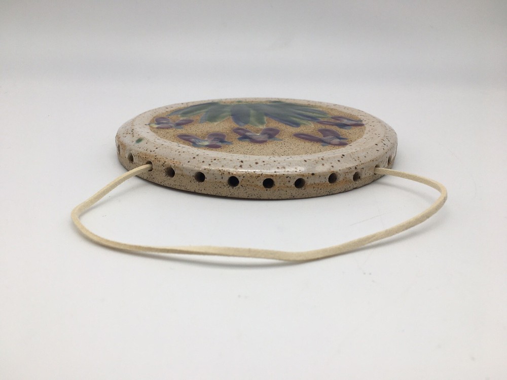 Studio Crafted Art Pottery Hand Painted Iris Wall Plaque Stoneware Signed