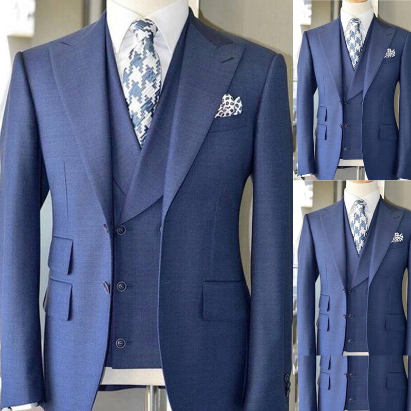 3Pcs Blue Men Suits Peak Lapel Formal Business Tuxedos Wedding Groom Prom Blazer
