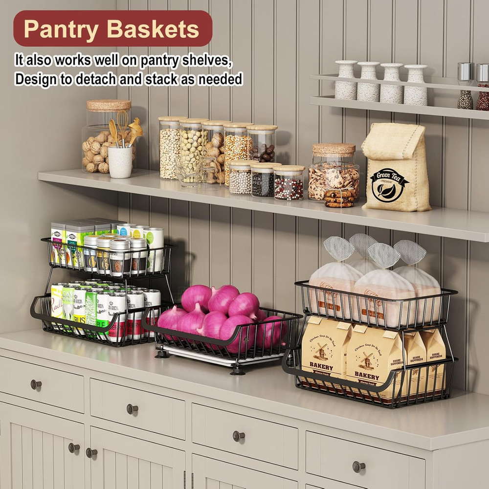 3-Tier Rolling Pantry Cart, Stackable Wire Storage Floor Organize Vegetable Rack