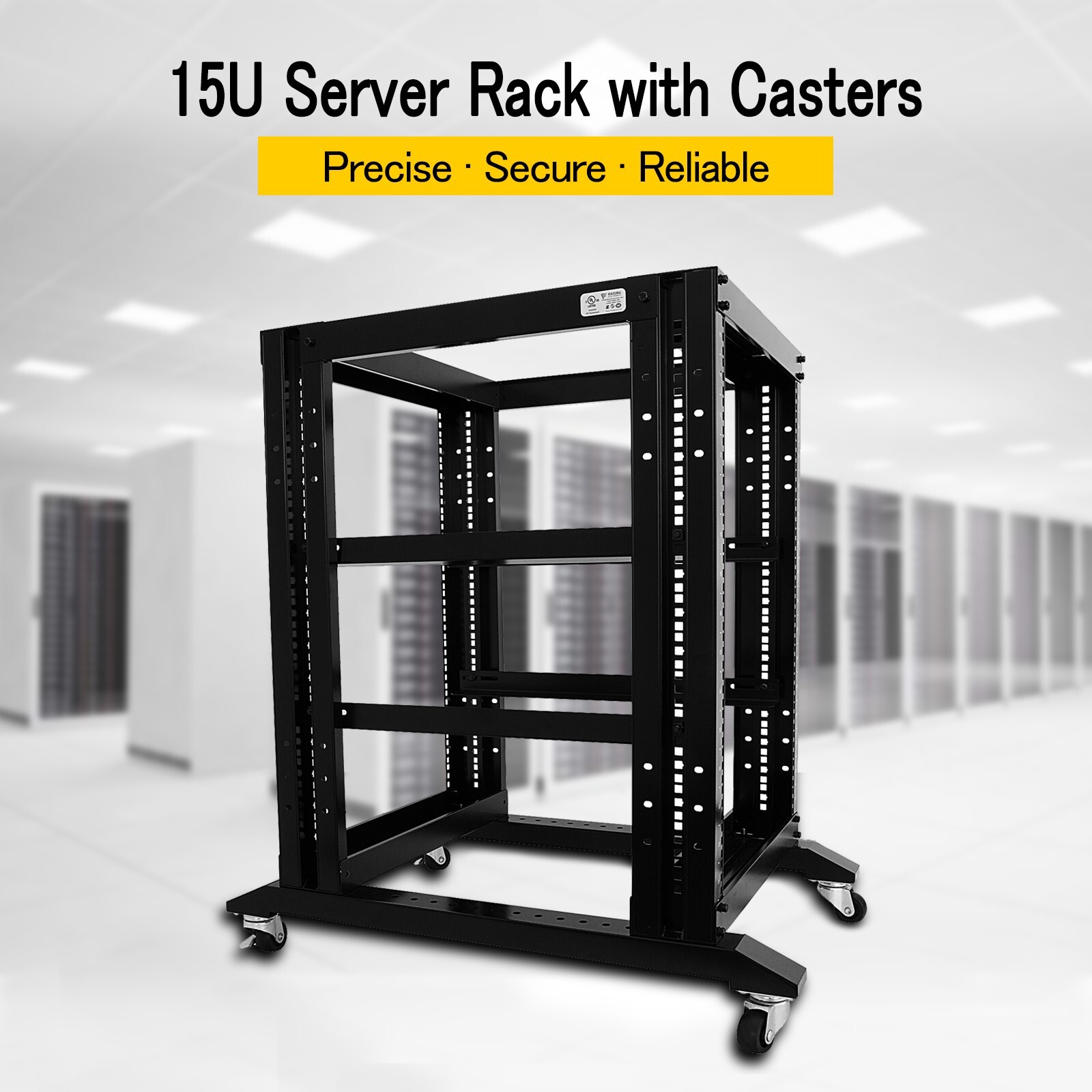 15U 4 Post Open Frame 19" Server Steel Rack 24" Deep With Supporting rails
