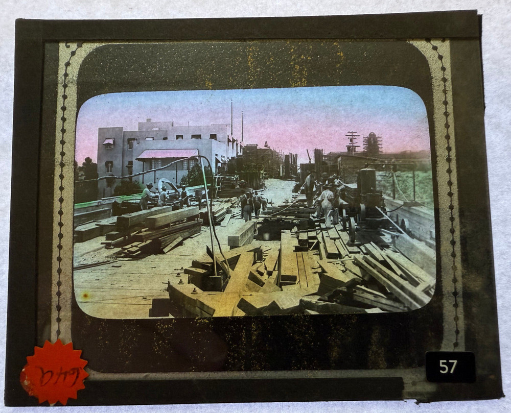 MAGIC LANTERN SLIDE COLORED BRIDGE CONSTRUCTION WORKERS CALIF? 1910'S