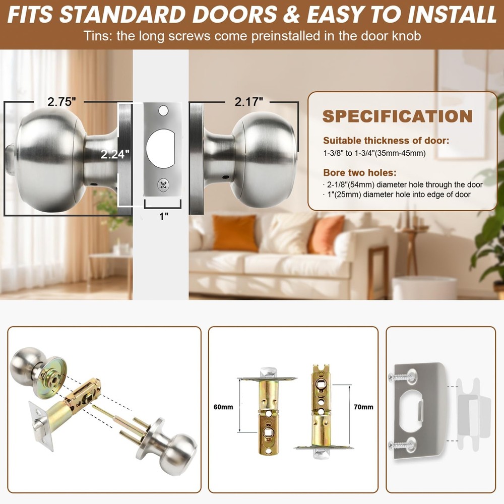 RAZCC Privacy Door Knobs, 5 Pack Satin Nickel Knobs 5 Pack,