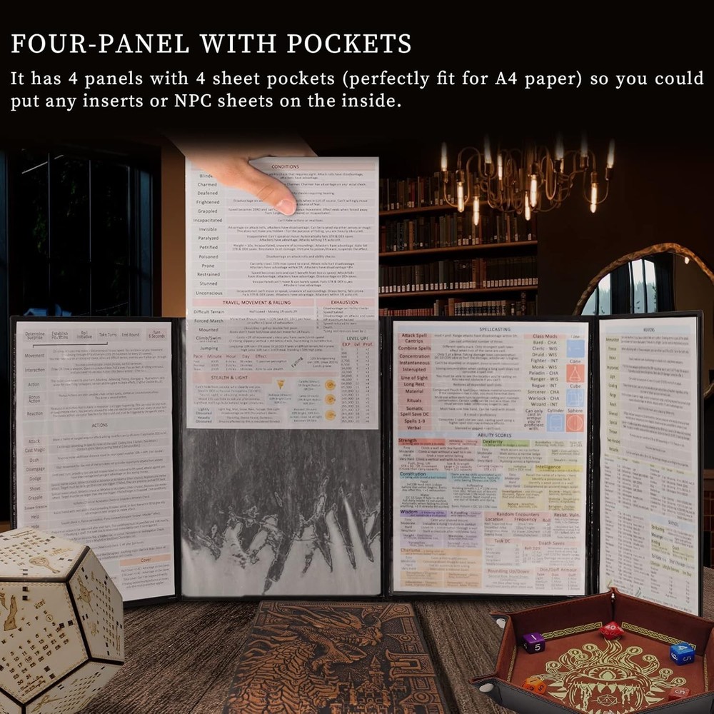 Faux Leather Dungeon Master Screen Embossed Dragon Mimic Four-Panel with Pockets