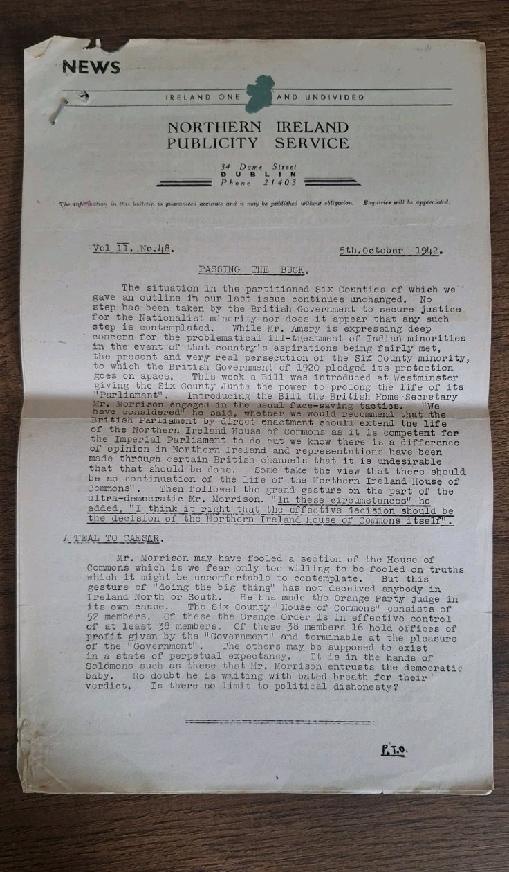 Irish Republican Press 1940s Bulletin Document 6 Counties Interest