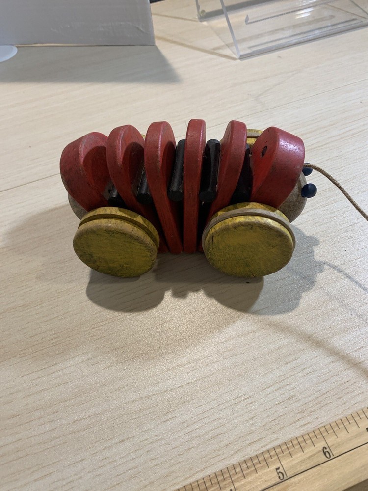 Vintage Inch Worm Pull Toy Solid Painted Wood Action Hand Made 7"
