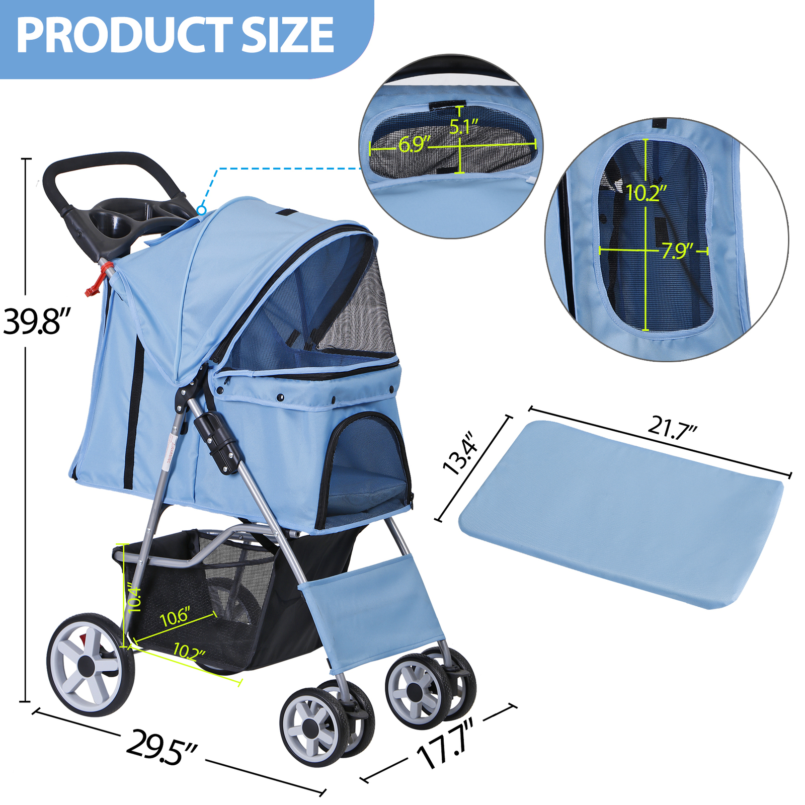 Dog Cat Stroller Travel Cart for Small Medium Pets Foldable with Cup Holder Blue