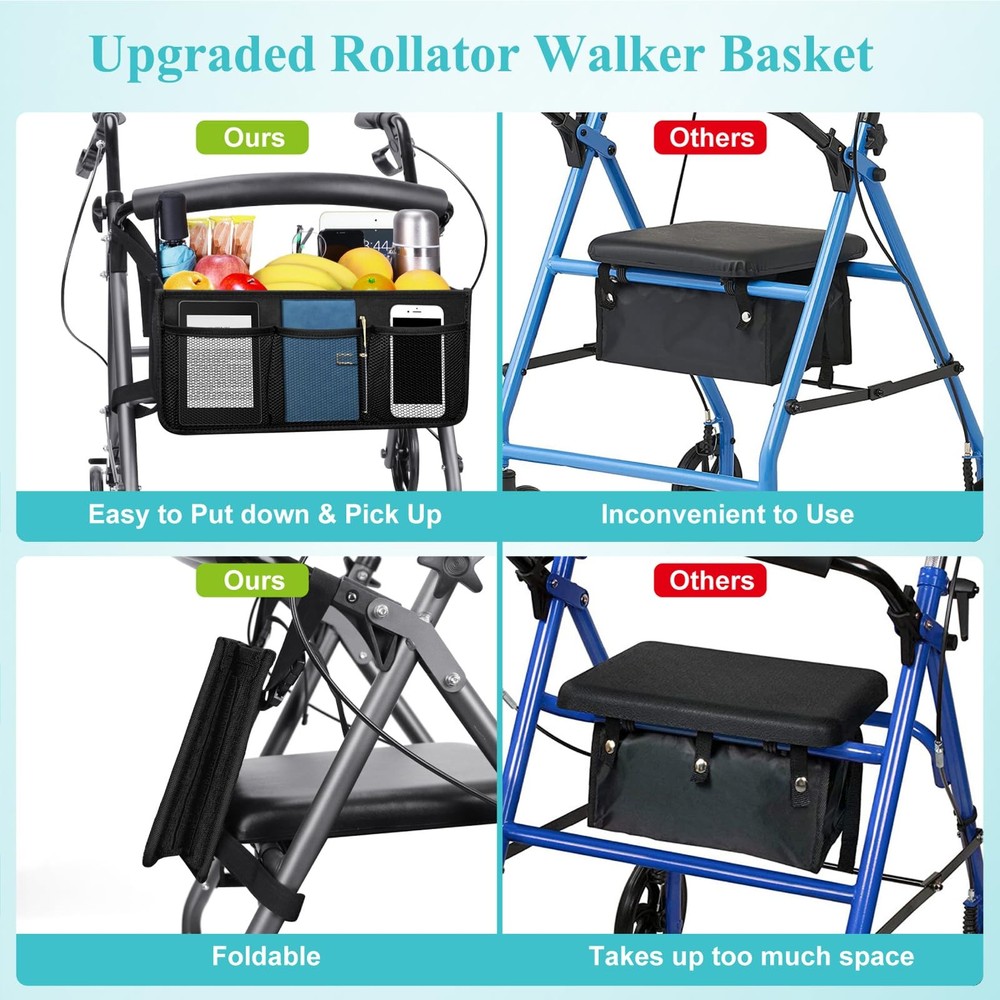 Dotday Rollator Basket, Walker Bag with Cup Holder, Folding Black