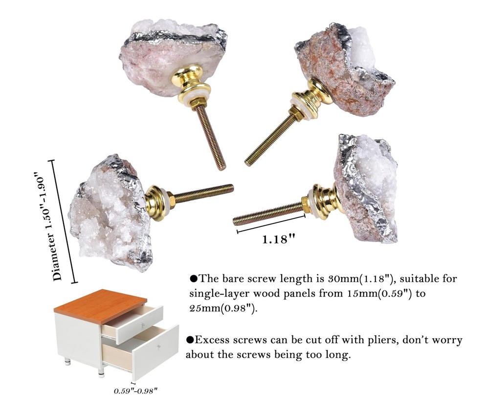 AMOYSTONE Crystal Geode Drawer Knobs Natural White Healing Crystal Stone Silv...