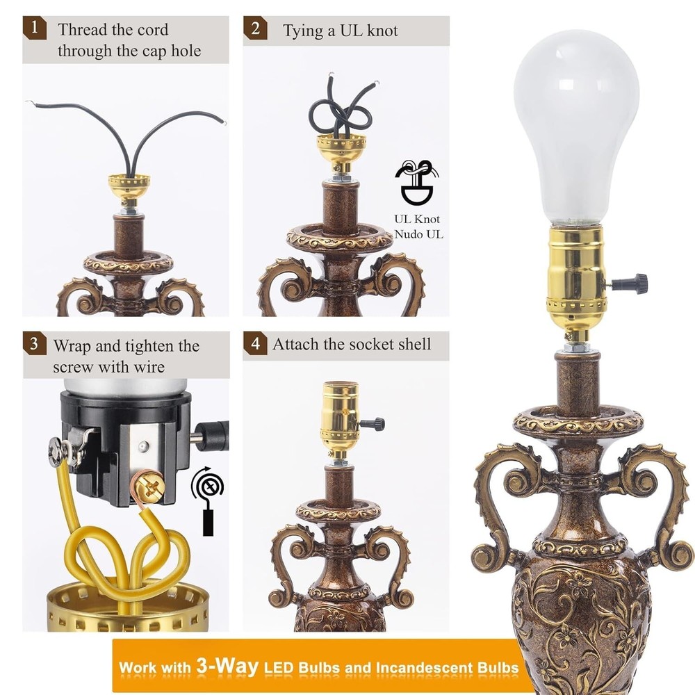 UL Listed E26 3-Way Lamp Socket Replacement with Turn Switch Knob, Gold, 2-Pack