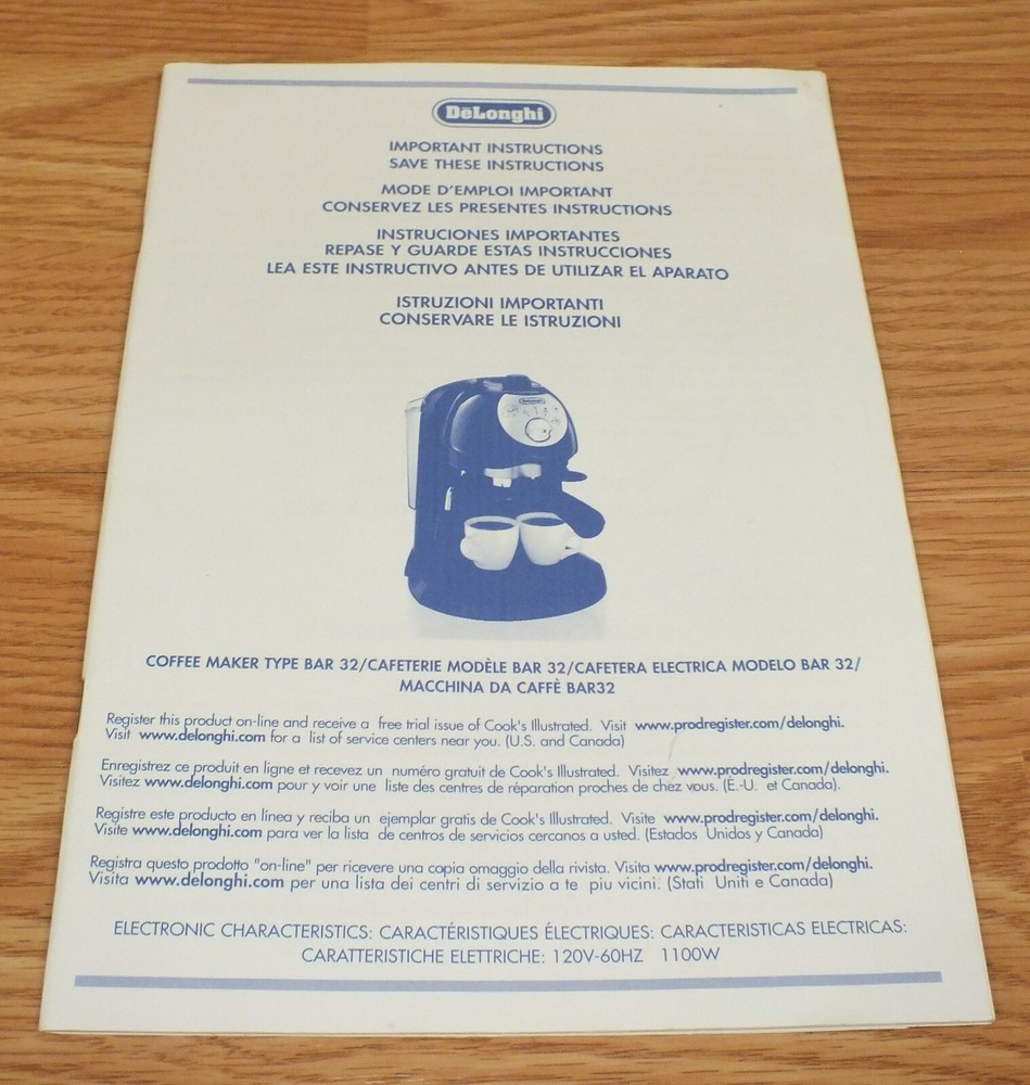 *Replacement* Manual Only for DeLonghi (BAR32) Black Coffee Maker **READ**