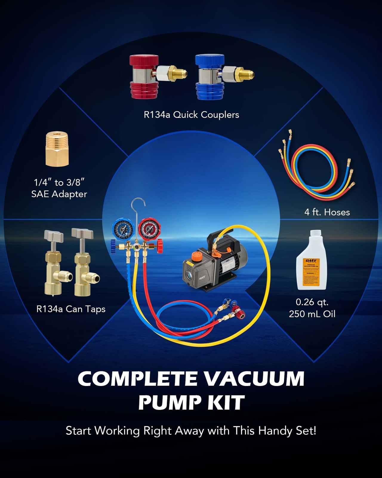 OMT Combo 1/3HP 4CFM Air Vacuum Pump MANIFOLD GAUGE Set HVAC AC Refrigerant Kit