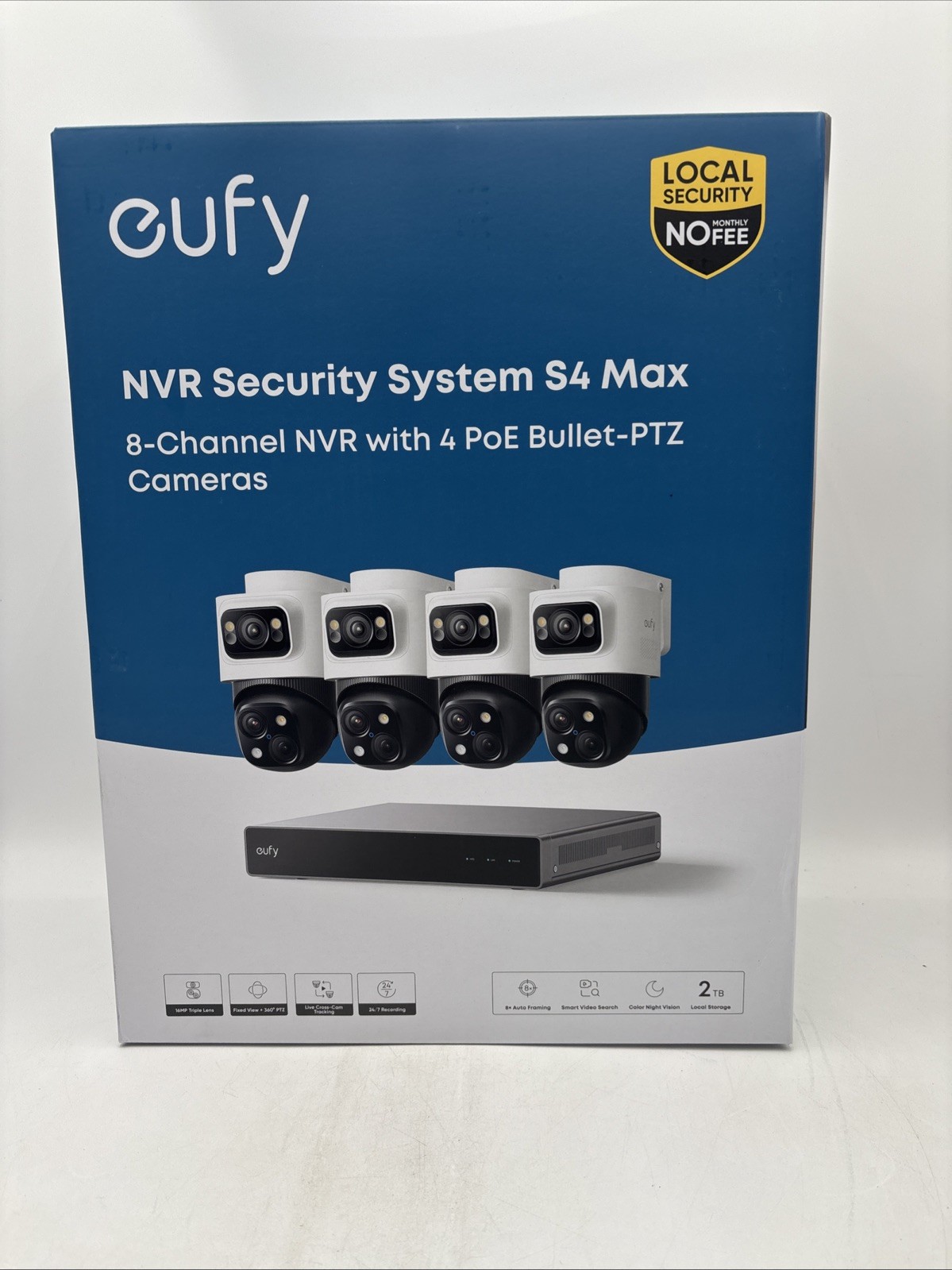 eufy PoE NVR Security System S4 Max 8CH NVR w/4 PoE Bullet 2TB - White - NEW