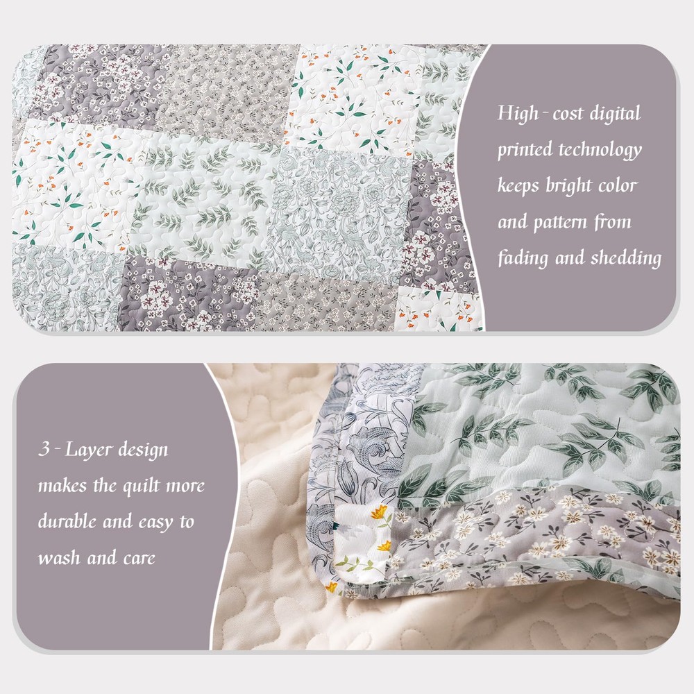 Reversible Patchwork Quilts Twin Size, Lightweight Boho Printed Bedspreads Co...
