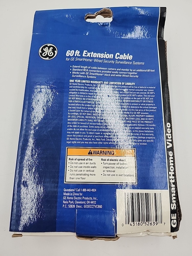 GE 60 FT RCA Extension Cable SmartHome Wired Security Surveillance Systems Pkg
