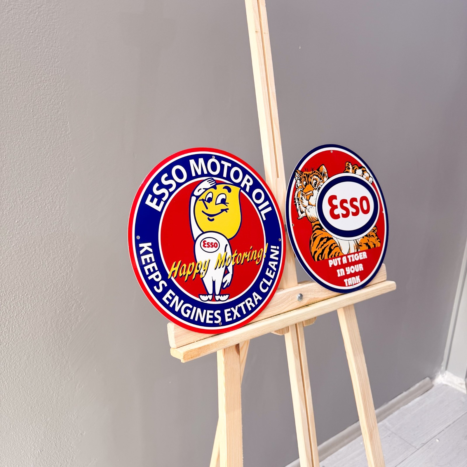 Esso Vintage Metal Sign Set of 2 Tiger & Man Happy Motoring – 30 cm / 11.8”