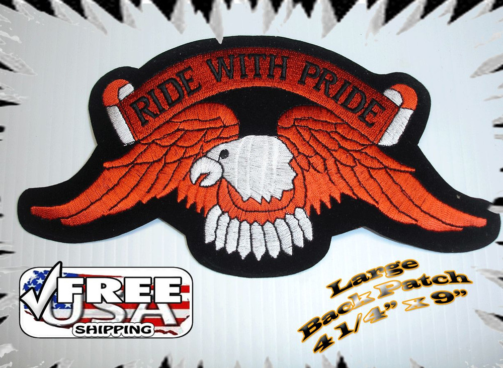 EMBROIDED EAGLE RIDE WITH PRIDE  MOTORCYCLE BIKER BACK PATCH LARGE
