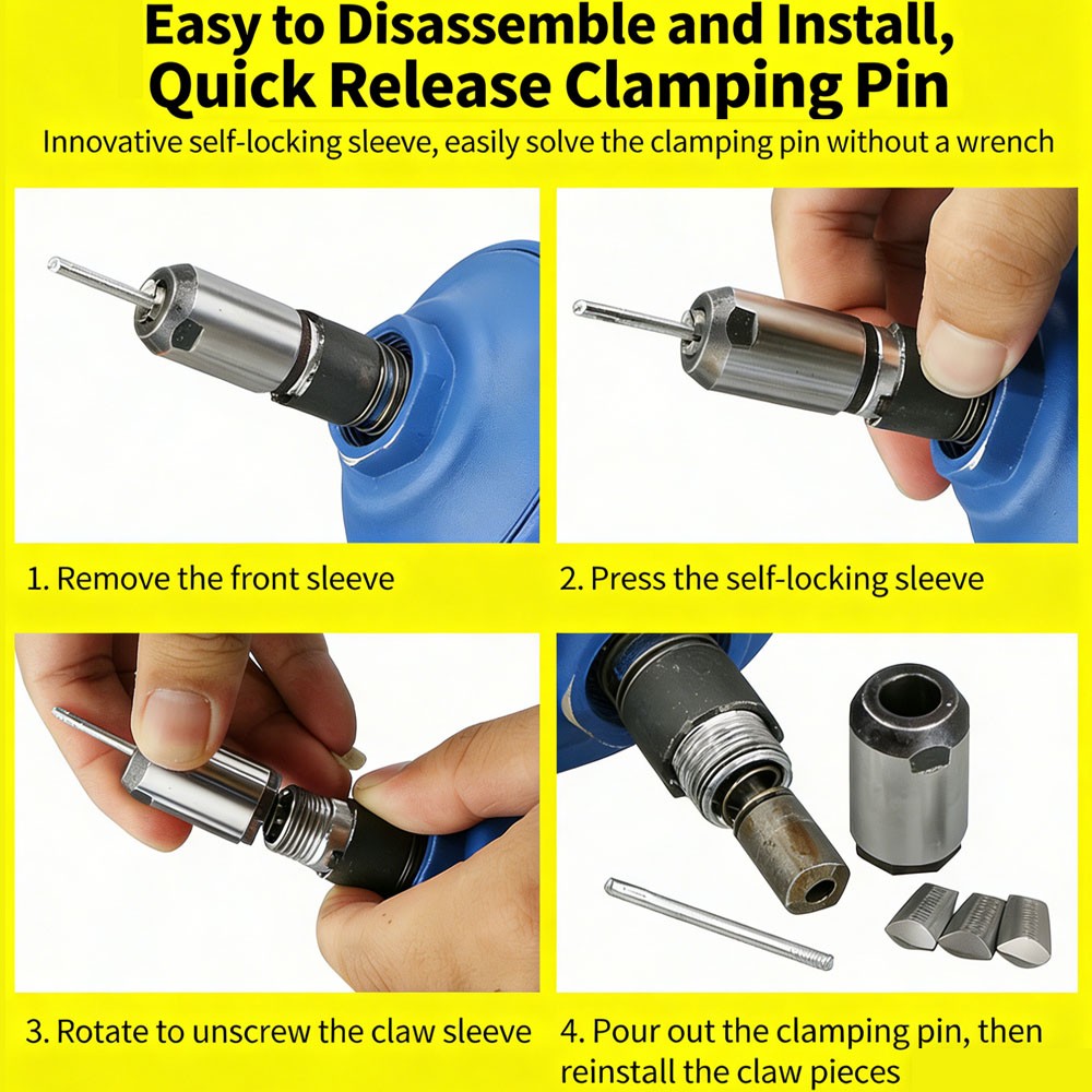 Quick-Release Pneumatic Rivet Gun with Large Three-Jaw Rivet Holder
