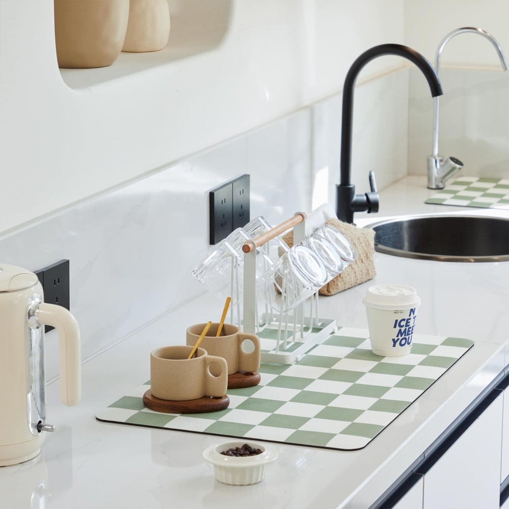 Checkered Dish Drying Mat for Kitchen Counter, Coffee Bar Station Accessories...