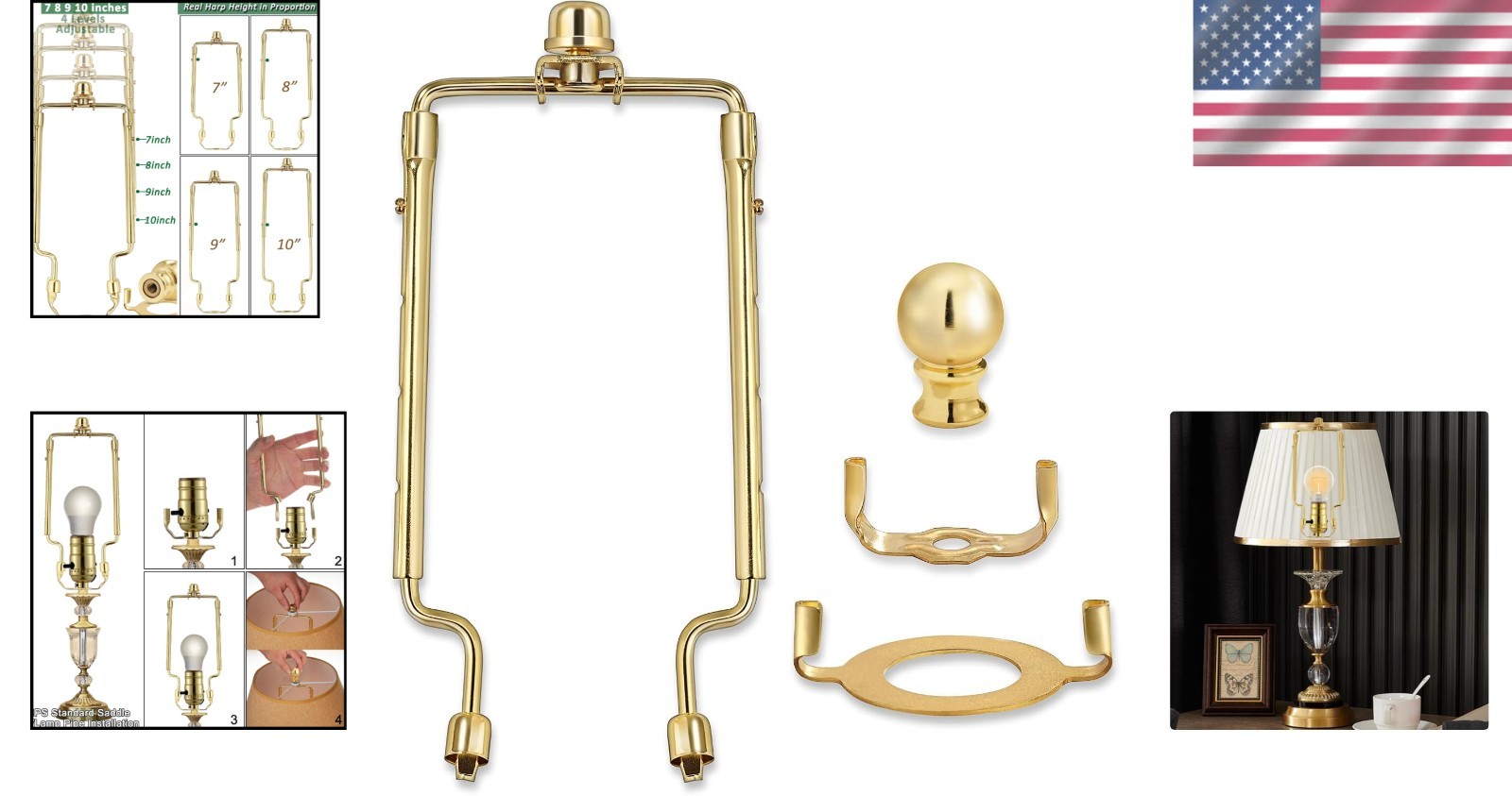 Durable Adjustable Gold Lamp Harp Holder - Complete with Finials and Accessories